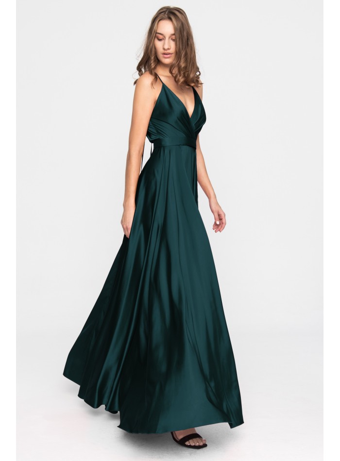 Long satin party dress with slit in the skirt