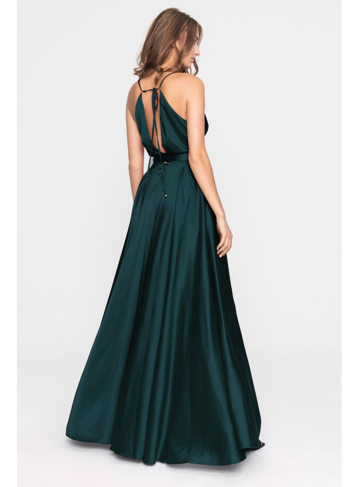 Long satin party dress with slit in the skirt
