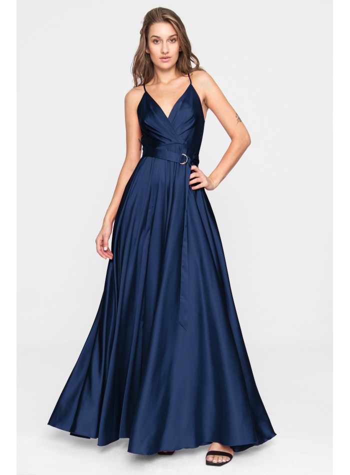 Robe longue de fête en satin avec encolure croisée et Ceintures