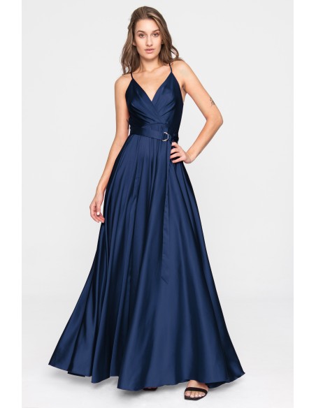 Robe longue de fête en satin avec encolure croisée et Ceintures