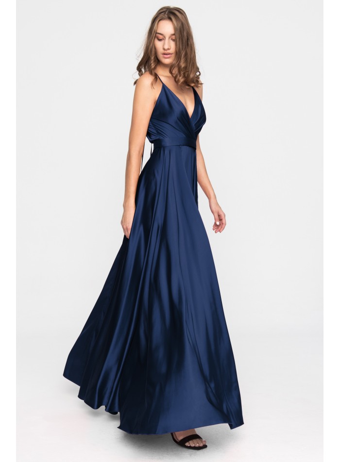 Long satin party dress with crossover neckline...