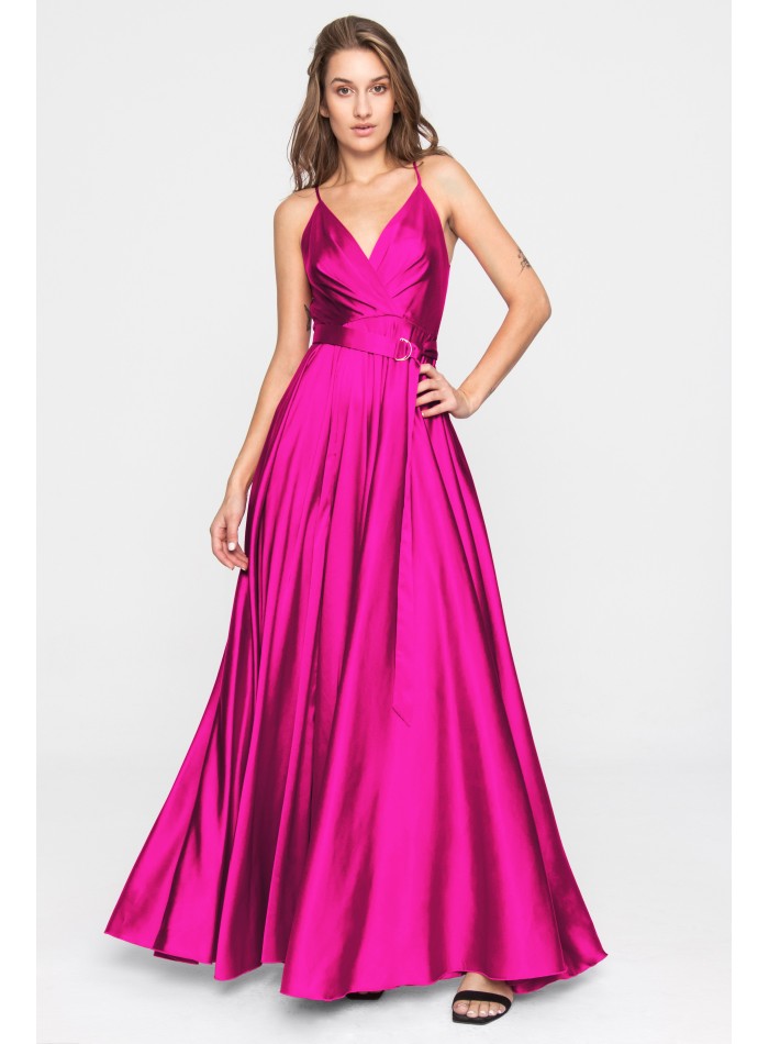 Robe longue de fête en satin fuchsia avec volant