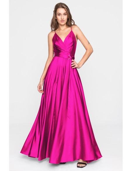 Robe longue de fête en satin fuchsia avec volant