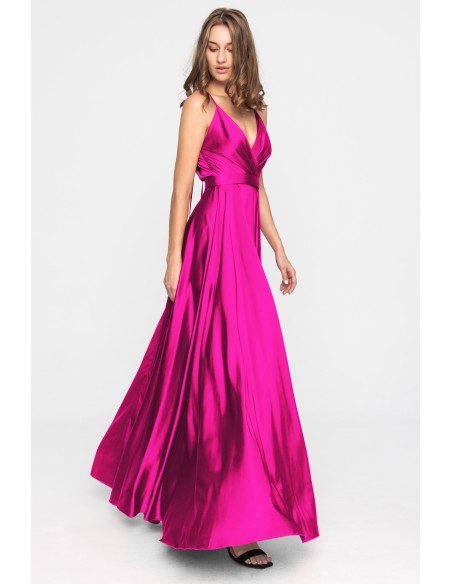 Robe longue de fête en satin fuchsia avec volant
