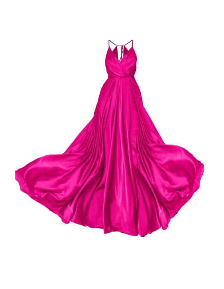 Fuchsia satin long party dress with flared skirt