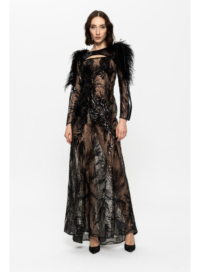 Long evening dress with sequin embroidery and feather details on the shoulders.