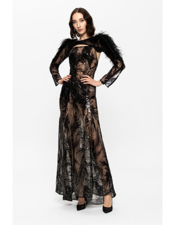 Long evening dress with sequin embroidery and feather... 2