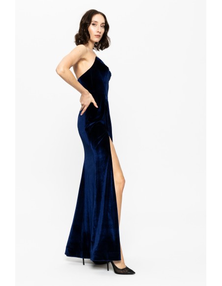 Longue robe de bal en velours bleu marine avec encolure cache-coeur et grande fente
