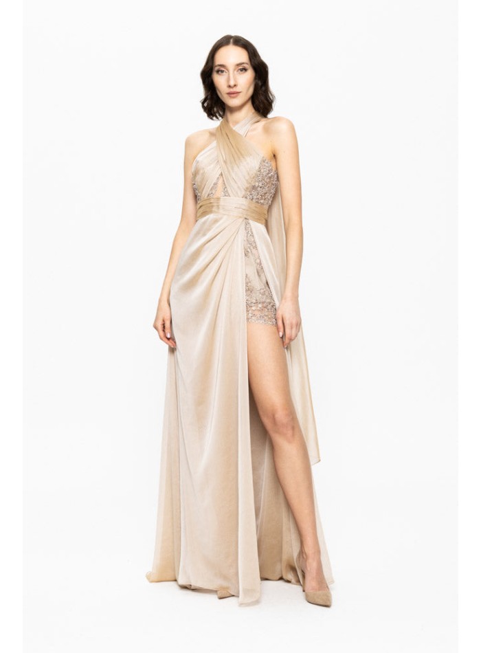 Beige long gala dress with halter neckline and front slit