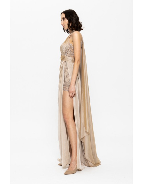 Vestido de gala largo beige con escote halter y abertura... 2