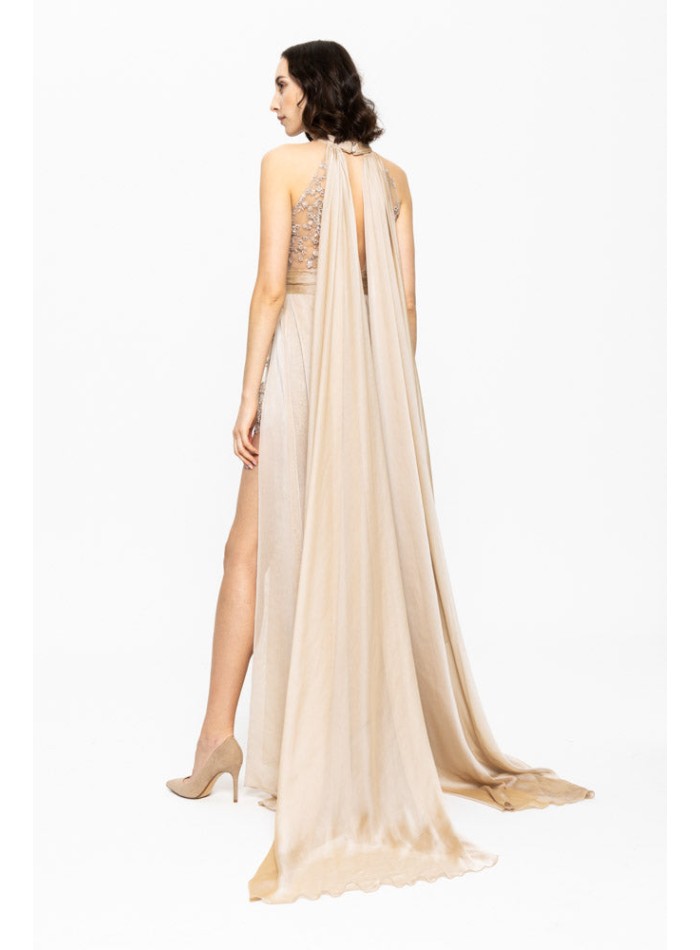 Vestido de gala largo beige con escote halter y...