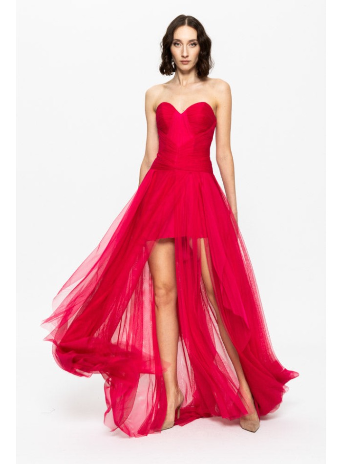 Robe de bal rouge avec encolure cache-coeur et...
