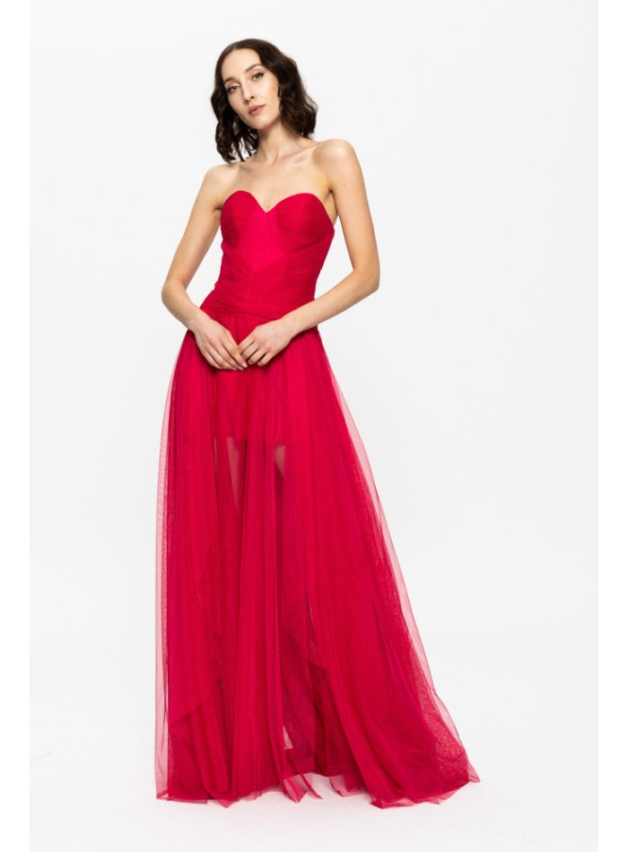 Robe de bal rouge avec encolure cache-coeur et...