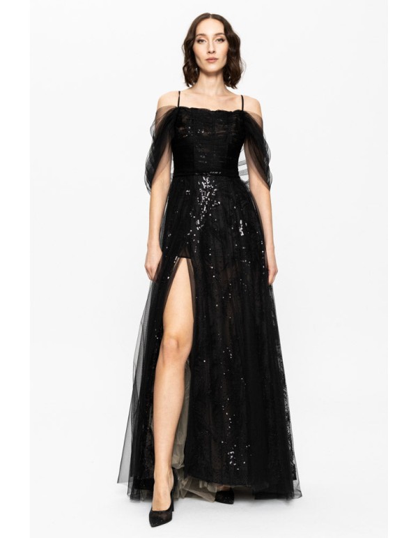 Vestido largo de noche negro con lentejuelas bordadas y...