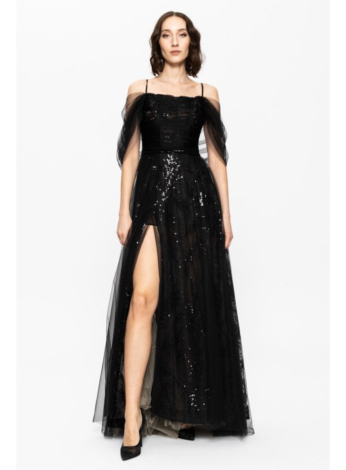 Long black evening gown with embroidered sequins and corset