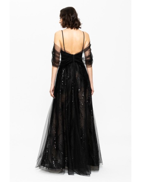 Long black evening gown with embroidered sequins and corset