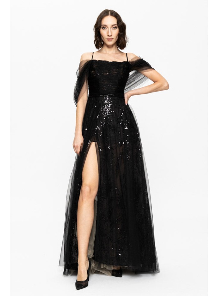 Long black evening gown with embroidered...