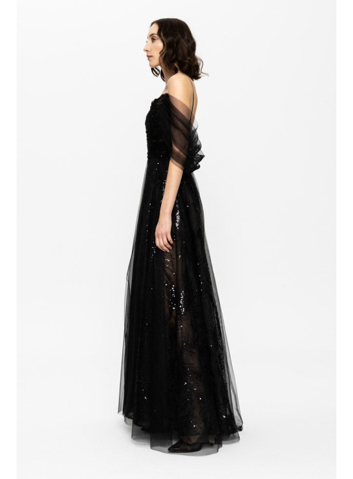 Long black evening gown with embroidered...