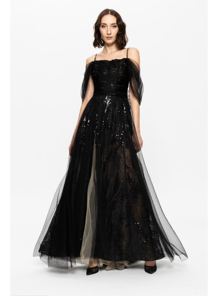 Vestido largo de noche negro con lentejuelas...