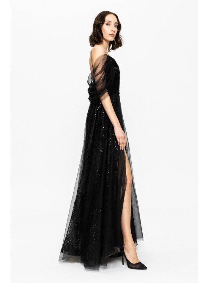 Long black evening gown with embroidered...