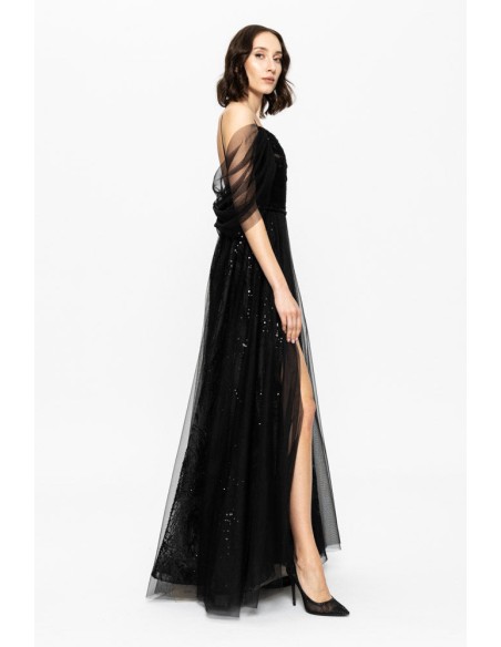 Long black evening gown with embroidered sequins and corset