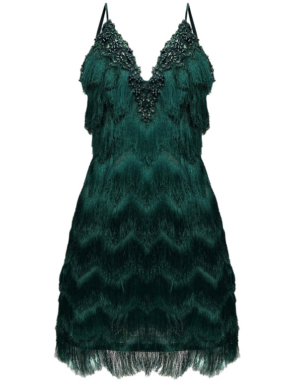 Robe de cocktail verte avec dentelle brodée et sequins 2