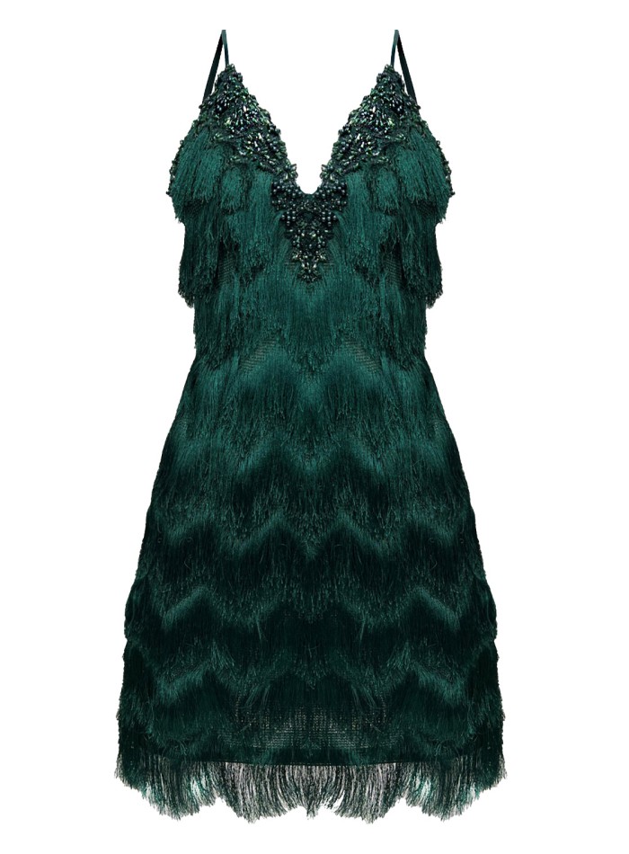 Robe de cocktail verte avec dentelle brodée et...