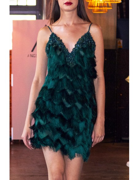 Green cocktail dress with embroidered lace and sequins