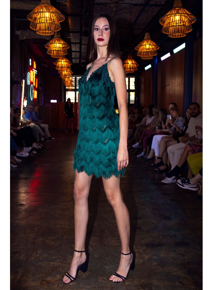 Green cocktail dress with embroidered lace and sequins