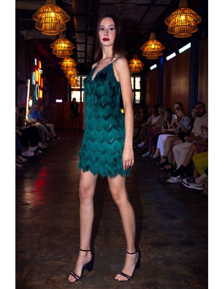 Green cocktail dress with embroidered lace and sequins