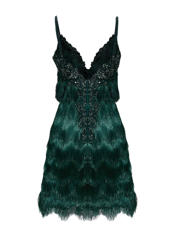 Green cocktail dress with embroidered lace and...