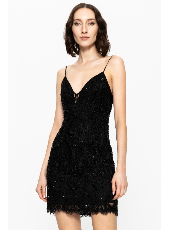 Robe courte de soirée noire avec strass et fines bretelles