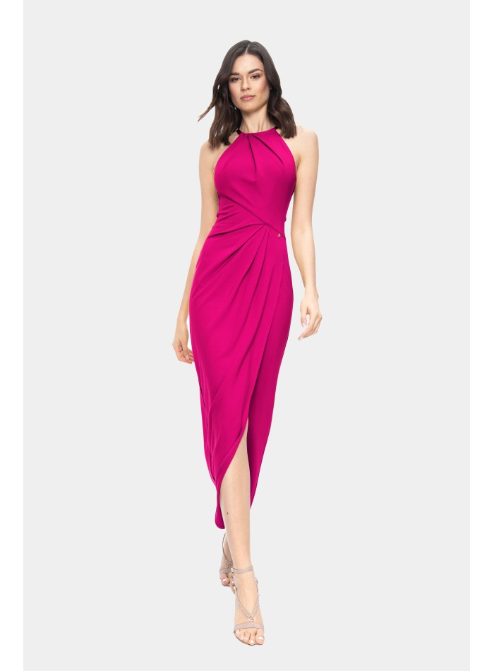 Robe midi fuchsia avec col licou et drapé sur les côtés