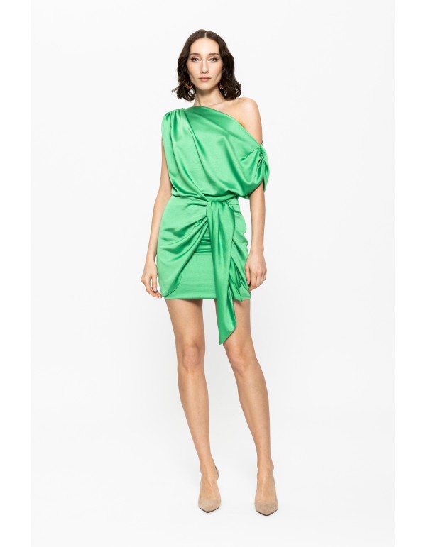Asymmetric green short dress with bow detail