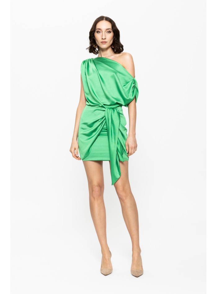 Asymmetric green short dress with bow detail