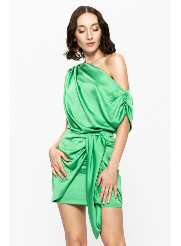 Robe courte asymétrique verte avec détail de nœud