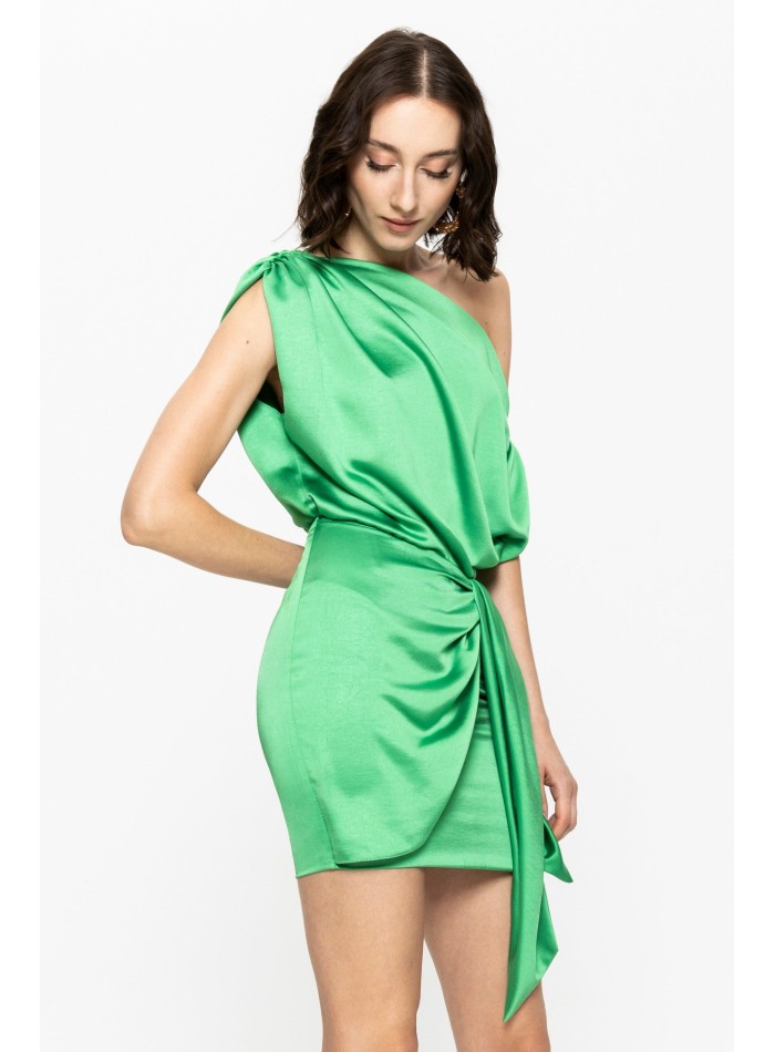Asymmetric green short dress with bow detail