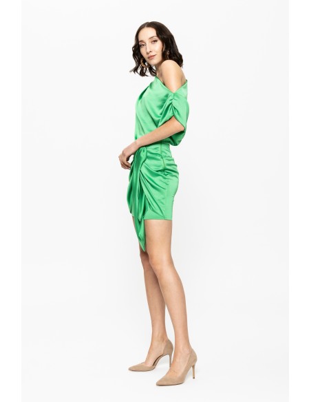 Asymmetric green short dress with bow detail