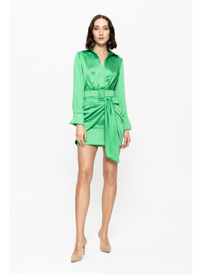 short green satin belted wedding guest dress