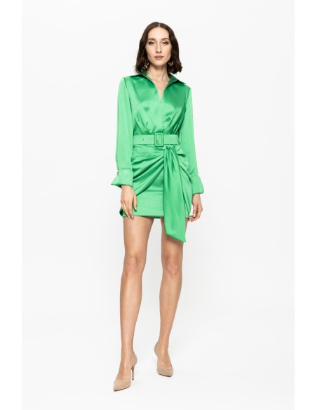 short green satin belted wedding guest dress