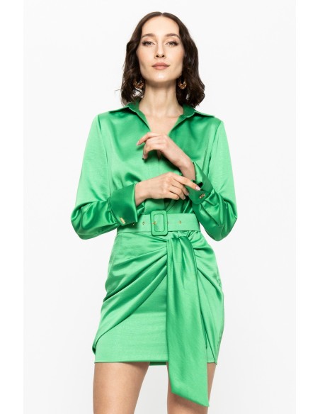 short green satin belted wedding guest dress