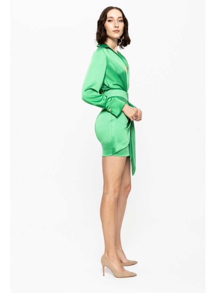 short green satin belted wedding guest dress