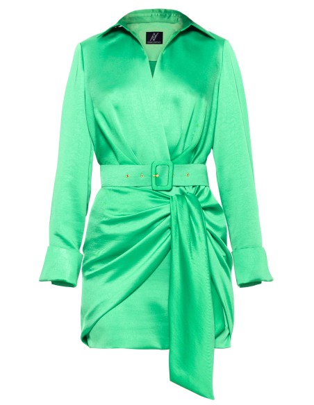 short green satin belted wedding guest dress