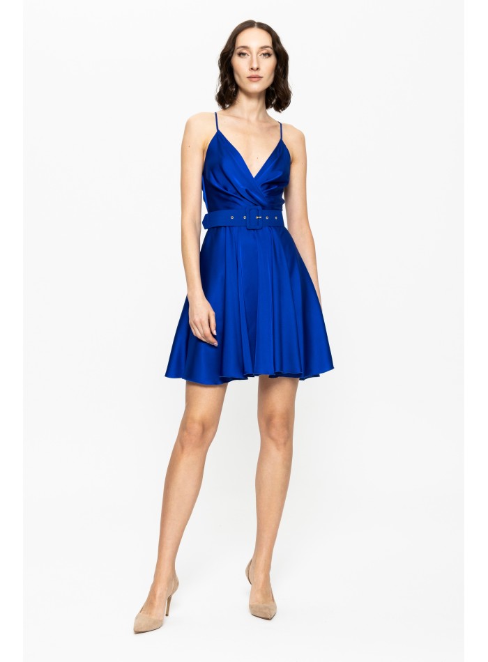 short blue satin dress with thin straps and belt