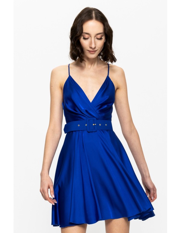 short blue satin dress with thin straps and belt 2