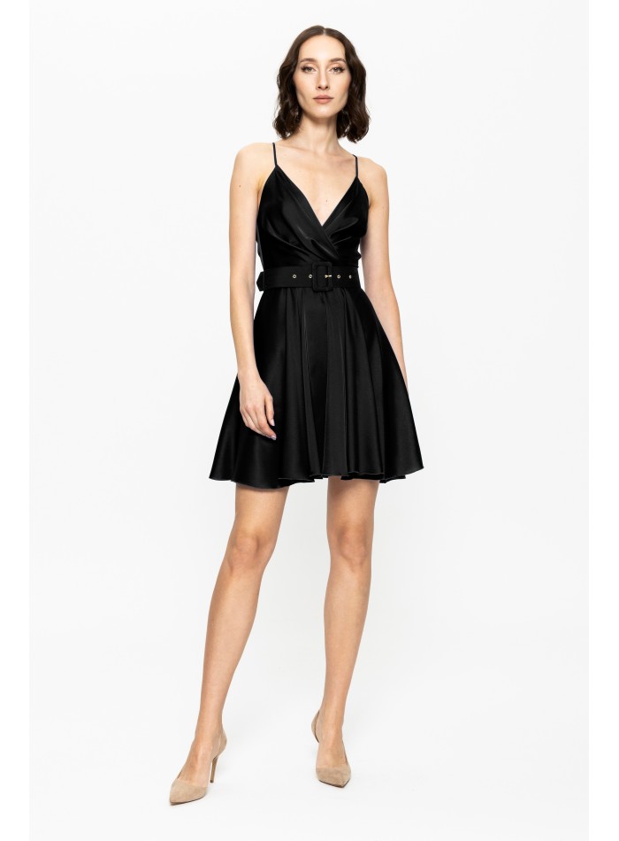 short black satin guest dress with straps