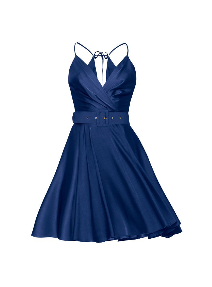 Vestido corto para invitadas azul satinado con...