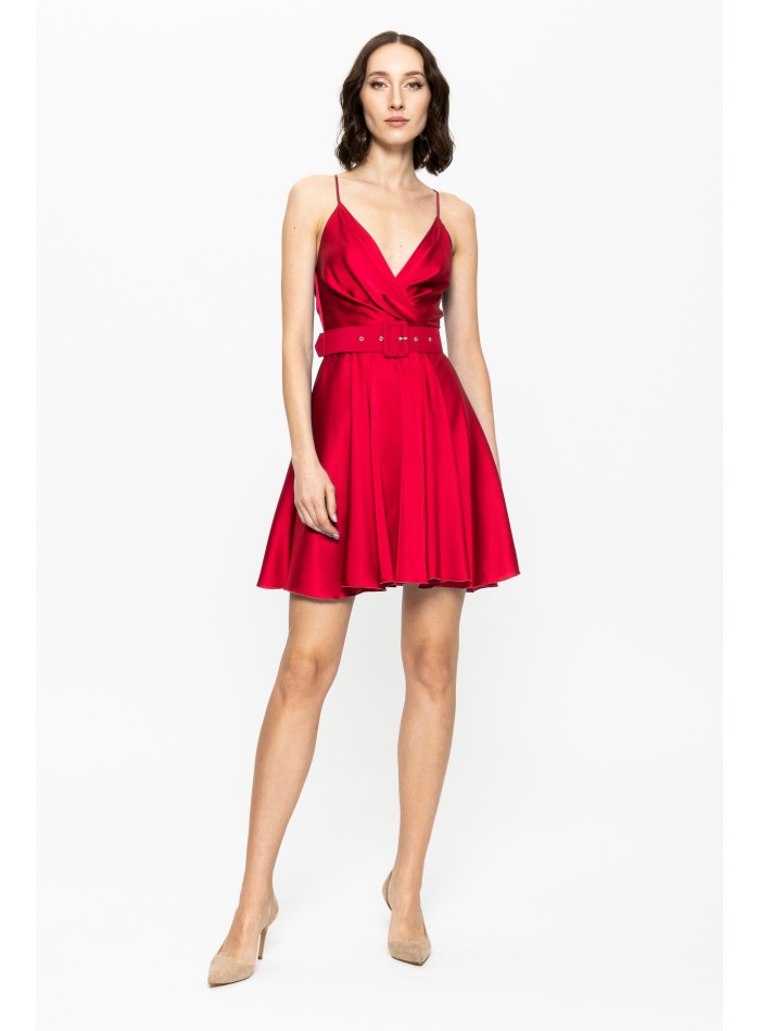 Short red satin strapless guest dress with straps