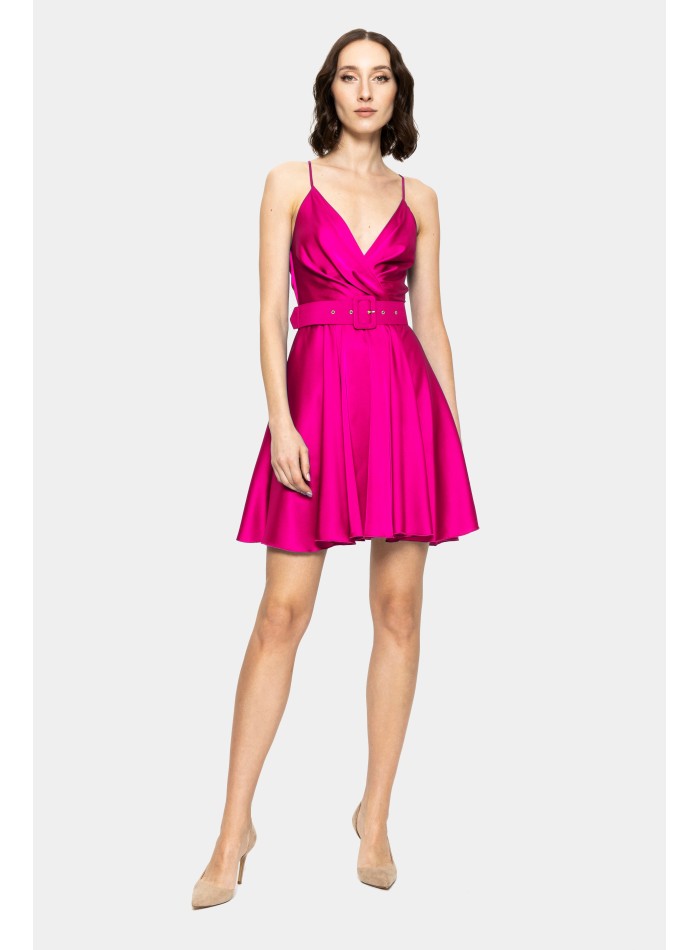 Short fuchsia satin guest dress with straps