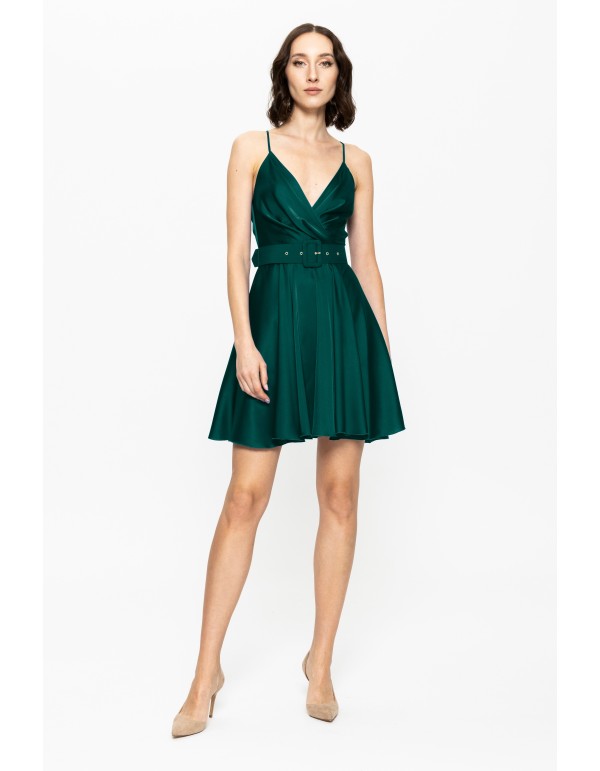 Vestido corto para Invitadas en verde satinado con escote...